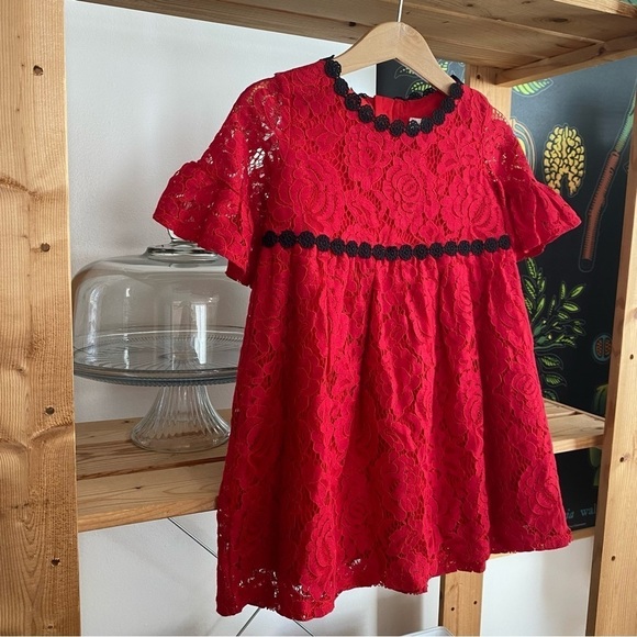 Kate Spade Red Black Lace Ruffle Sleeve Dress - Picture 4 of 12